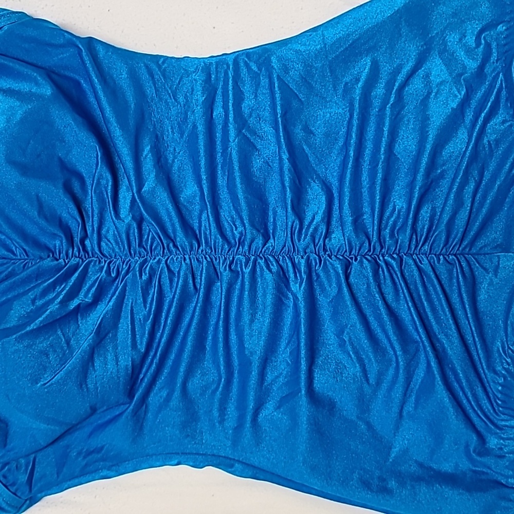 1980s Maxine of Hollywood Turquoise Blue One Piece Ruched Swimsuit Sz 14 - Picture 3 of 13